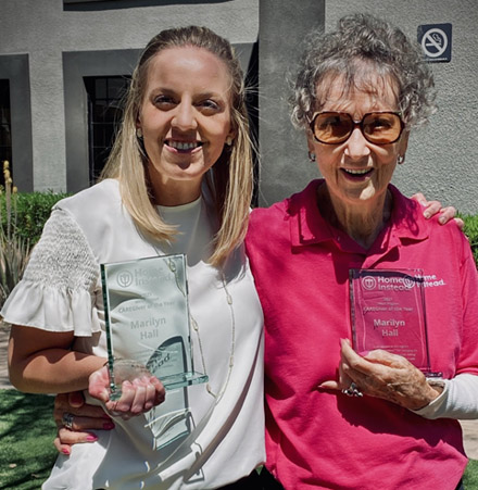 Kelly Cornelius, on left, owner of a Home Instead business in North Central poses with 90-year-old Marilyn Hall, a caregiver for the company who recently was honored as a finalist for Home Instead network’s North American “Mary Steibel CAREGiver of the Year” Award (submitted photo).
