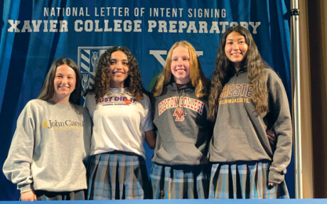 Xavier College Preparatory recent graduates (from left): Regan Gunzy, Victoria Saucedo, Kelly Scott and Zaira Reyes signed their National Letters of Intent to play sports next academic year at different universities (photo by Lisa Zuba).