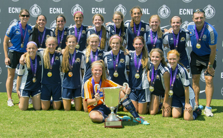The Sereno 97 ENCL soccer team members who captured the U-16 Elite Club National League National Championship include, from left: standing, Goalie Coach Danielle Shaw; Natalie Stephens; Julia Taffuri; Lily Brown; Brooke Denesik; Kelly Harris; Bette Poblete; Kalyn Kennedy; Emma Lavelle, and Coach Paul Taylor; kneeling, Haley Adams, Shelby Roberts, Holli Schuitema, Michelle Mahoney, Hannah Hudson, Amanda Lane, Allison Ranieri and Morgan Morano; and sitting, Jalen Tompkins (submitted photo).