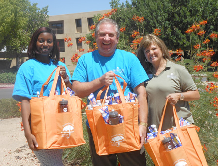 Getting ready to head out into the community with their “cool” gifts are, from left: Nina Louis, Skilled Nursing Facility administrator; John Wenzlau, executive director; and Donna Anderson, Community Relations director, of Emeritus Senior Living’s Chris Ridge facility (submitted photo).