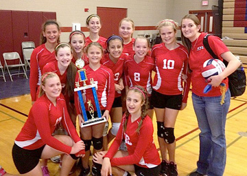 The Madison Traditional Academy championship girls volleyball team includes, from left: bottom row, Zoe Traynor and Maggie Williams; middle row, Jessica Schneider, Katie McCarthy, Mayalin Probst, Katie Lindvig, Sloane Wheeler, and Coach Danielle Hartman; top row, Gabriella Gamboa, Alexis Fusselman, Sylvie Harris and Olivia Simpson. Not pictured: Elma Huseinovic (submitted photo).