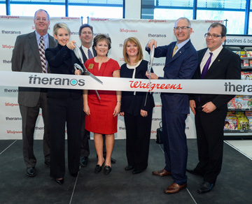 Celebrating the ribbon cutting of one of Phoenix’s two new Theranos Wellness Centers are, from left: Don Hughes, policy advisor for Health Care and executive director for the Arizona Health Insurance Exchange, Office of Gov. Janice K. Brewer; Elizabeth Holmes, founder and CEO, Theranos; Phoenix Mayor Greg Stanton; Sen. Nancy Barto, R-Phoenix; Rep. Heather Carter, R-Cave Creek; Greg Wasson, president and CEO, Walgreens; and Wade Miquelon, executive vice president, Walgreens (submitted photo).
