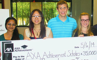 Celebrating being named national winners of the 2014 AXA Achievement Scholarships are, from left: Miruthula Jegadesan of Corona del Sol High School in Tempe; Cindy Le of Hamilton High School in Chandler; Max Ashton of Brophy College Preparatory; and Whitney Smith of Notre Dame Preparatory High School in Scottsdale, along with Philip Kim and Dillan Micus of AXA Advisors Southwest (submitted photo).