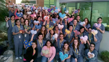 As part of the Carrington Cares community outreach program, students in the Medical Assisting program at Carrington College’s Phoenix North recently cut, stuffed and sewed heart-shaped pillows that they later delivered to little patients at Phoenix Children’s Hospital (submitted photo).