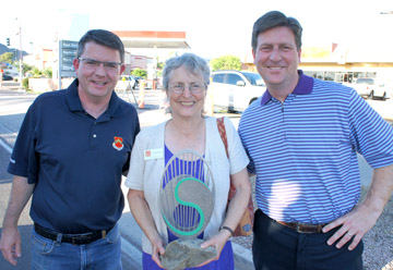 Celebrating the installation of two new art projects installed on Hatcher Road in Sunnyslope are, from left: District 3 City Councilman Bill Gates; Donna Reiner, chair of the Phoenix Arts & Culture Commission, who holds a small mock-up of the art installations; and Phoenix Mayor Greg Stanton (photo by Teri Carnicelli).