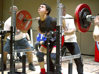 North Central teen Evan Pittman performs a world-record squat of 336 pounds in the 148-pound weight class, teenage division, during the U.S. Powerlifting Federation national championships in Las Vegas on May 2 (photo by Scott Pittman).