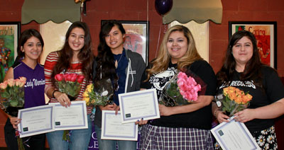 Five Girls Leadership Academy of Arizona students were surprised with $1,000 and $5,000 scholarships at a recent school assembly. They are, from left: Bianca Garcia, Ginelly Powell, Christy Sok, Ana-Leeza Reyes, and Adrianna Galvan (submitted photo).