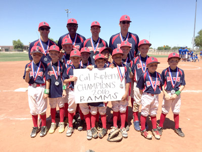 Players and coaches of the Recreation Association of Madison Meadows-Simis (RAMMS) 8 and Under celebrate their win at the Cal Ripken 8U State Championship game on June 12 (submitted photo).