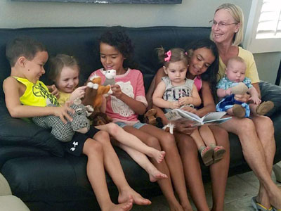 Life is good when you have a houseful of grandchildren like these to play with, says Susan Lynch, who survived major surgery at HonorHealth John C. Lincoln Medical Center in Phoenix, in order to retain the blessing. From left are Dre McBeth, Kinsley Geib, Jayda McBeth, Addison Anderson on Mishayla McBeth’s lap and Cannon Lynch on Susan Lynch’s lap (photo courtesy of Kyle Anderson).