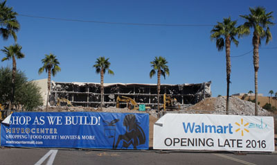 Despite rumors floating around Phoenix that Metrocenter Mall is slated for total demolition, the only building that has come down thus far is the old Broadway department store, which was razed in November 2015 to make way for a new Walmart Supercenter that is set to open next year (photo by Teri Carnicelli).