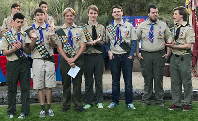 Some of Boy Scout Troop 41’s most recent Eagle Scout recipients are, from left: Caelin Cox-Gonzalez, Sam Riess, Spencer Sandvig, Jaxson Haggard (awarded in 2014), Tatum Quinley, R. Alec Arthur and Jett Haggard (awarded in 2015).