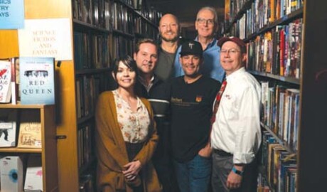Falling Flame Pictures, a local movie production company, recently released its film, “SCARE US,” which was filmed in Books bookstore on north Seventh Avenue. Pictured here are the members of Falling Flame Pictures’ executive team: (Back row, from left): Rob Ellman, legal advisor and creative consultant and Ed Riccio, executive vice-president; (middle row, from left): Jeff Hare, chief marketing officer, Jason Wiechert, CEO and co-founder and Shaun Clark, chief financial officer; and in the front is Charlotte Lilt, chief creative officer and co-founder (submitted photo).