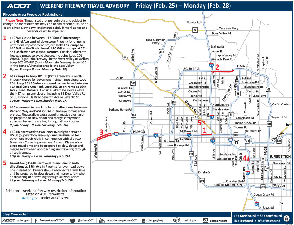 Scheduled closures or restrictions along Phoenix-area freeways, Feb. 25–28
