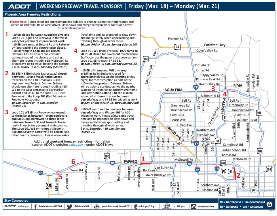 Scheduled closures or restrictions along Phoenix-area freeways, March 18–21