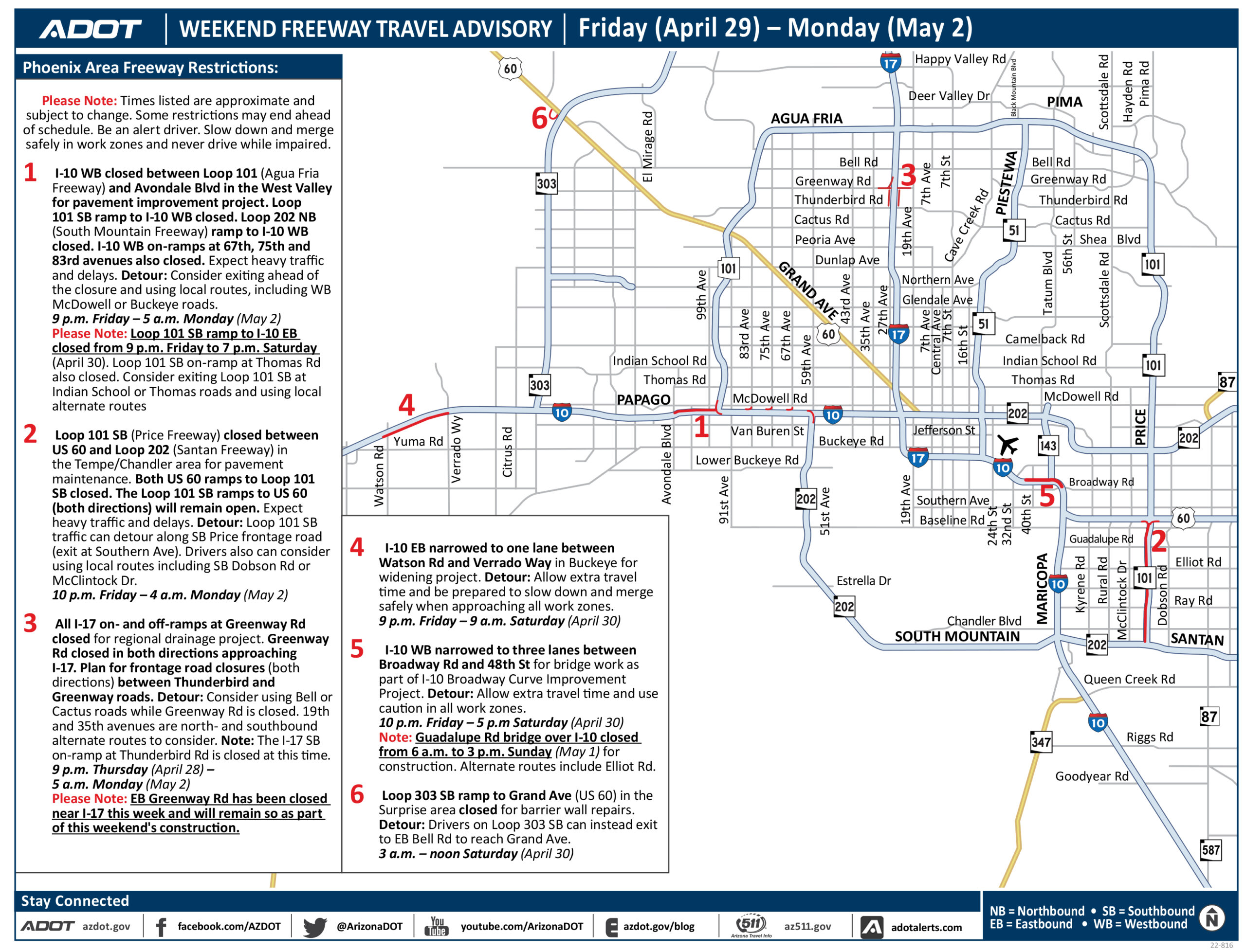 Scheduled closures and restrictions along Phoenix area freeways, April 29 – May 2