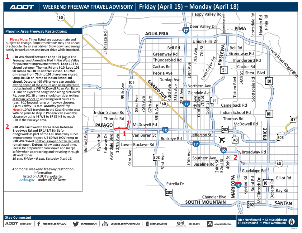 Scheduled closures or restrictions along Phoenix-area freeways, April 15–18