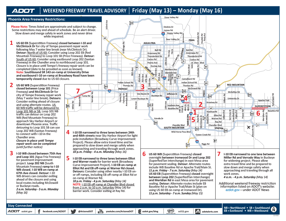 Portion of US 60 remains closed, other weekend freeway restrictions, May 13–16