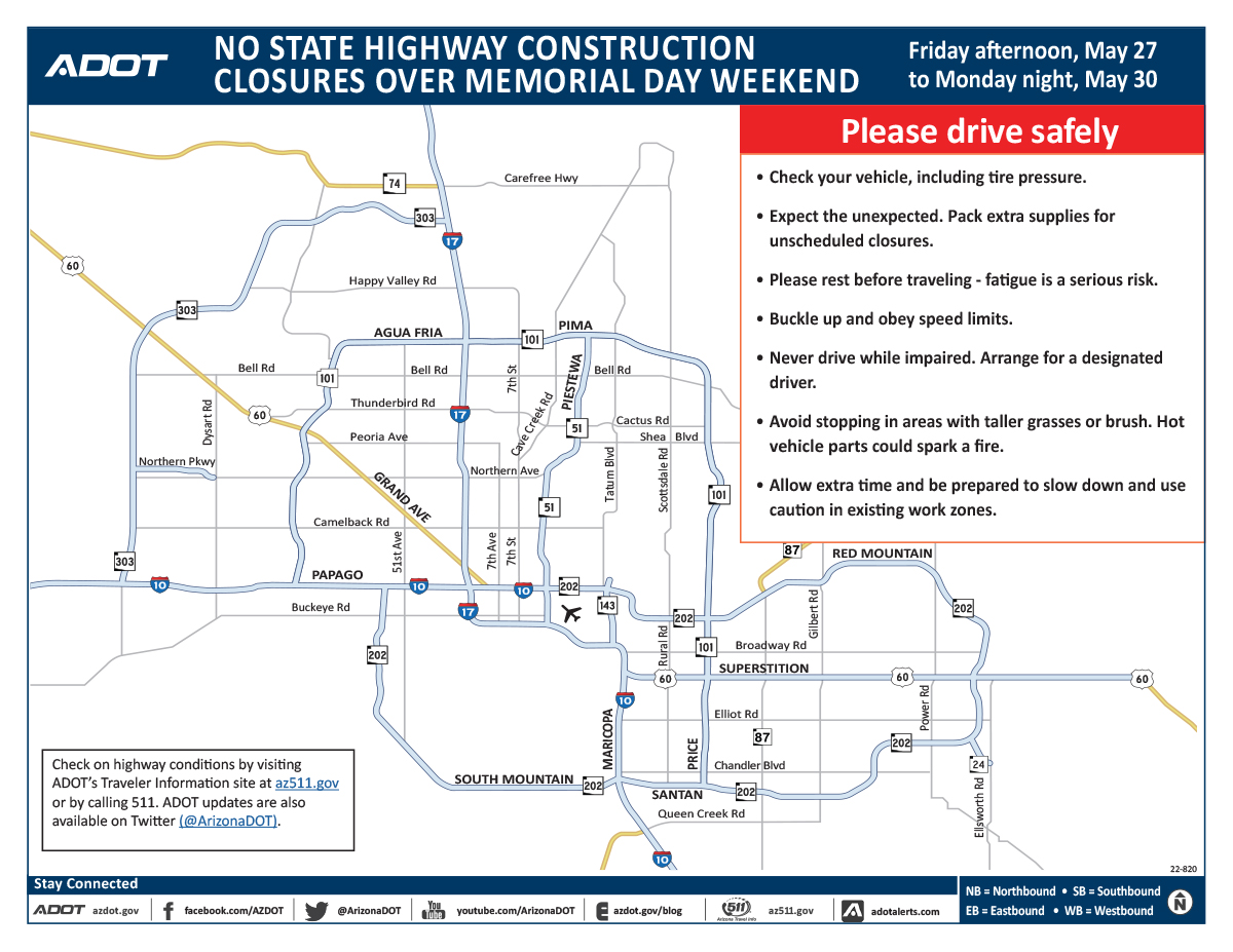 No holiday weekend closures along state highways, May 27–30
