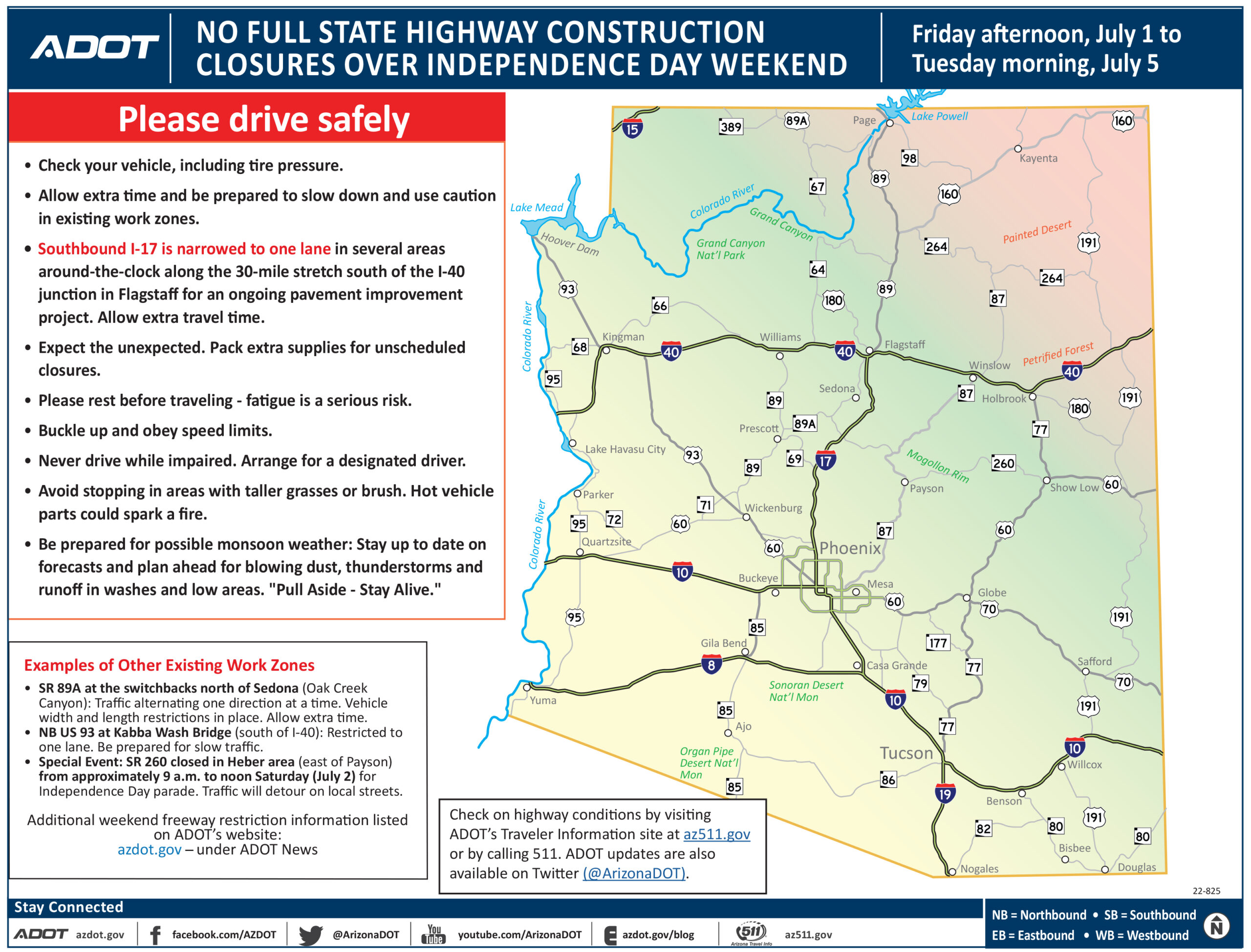 No full closures planned on Arizona highways over Independence Day weekend, July 1-5
