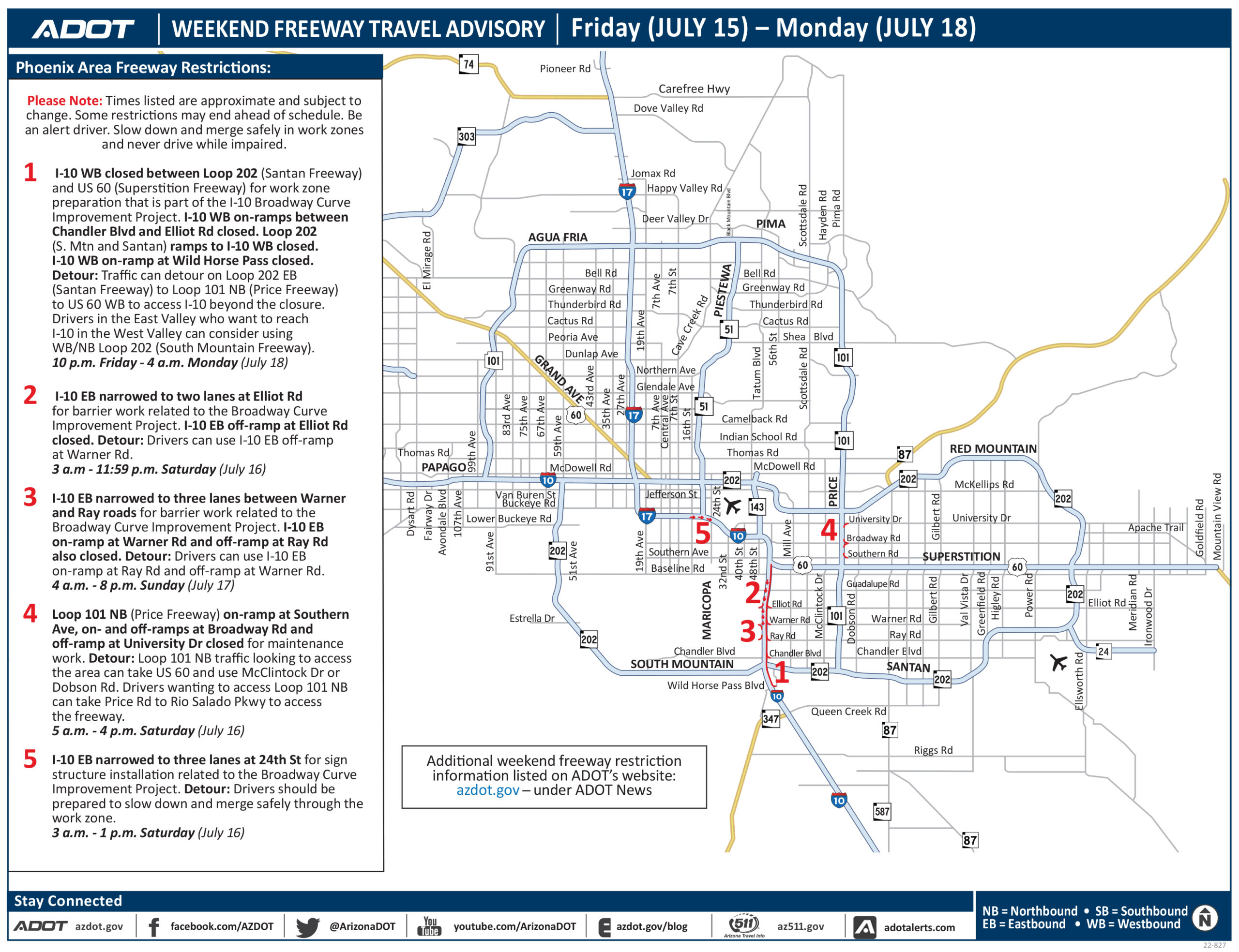Weekend travel advisory for Phoenix area freeways, July 15–18