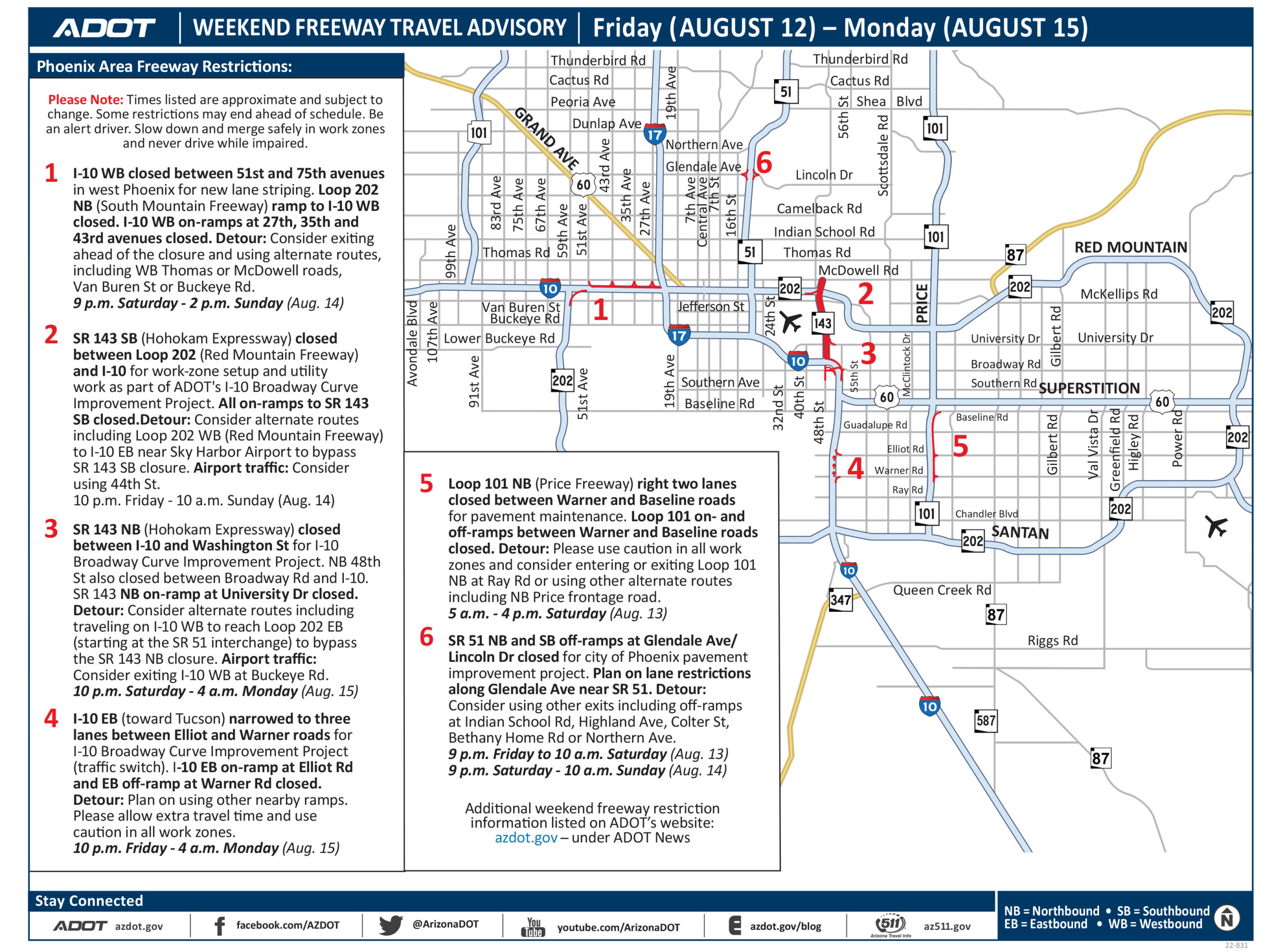 Phoenix-area freeway restrictions and closures for Aug. 12–15