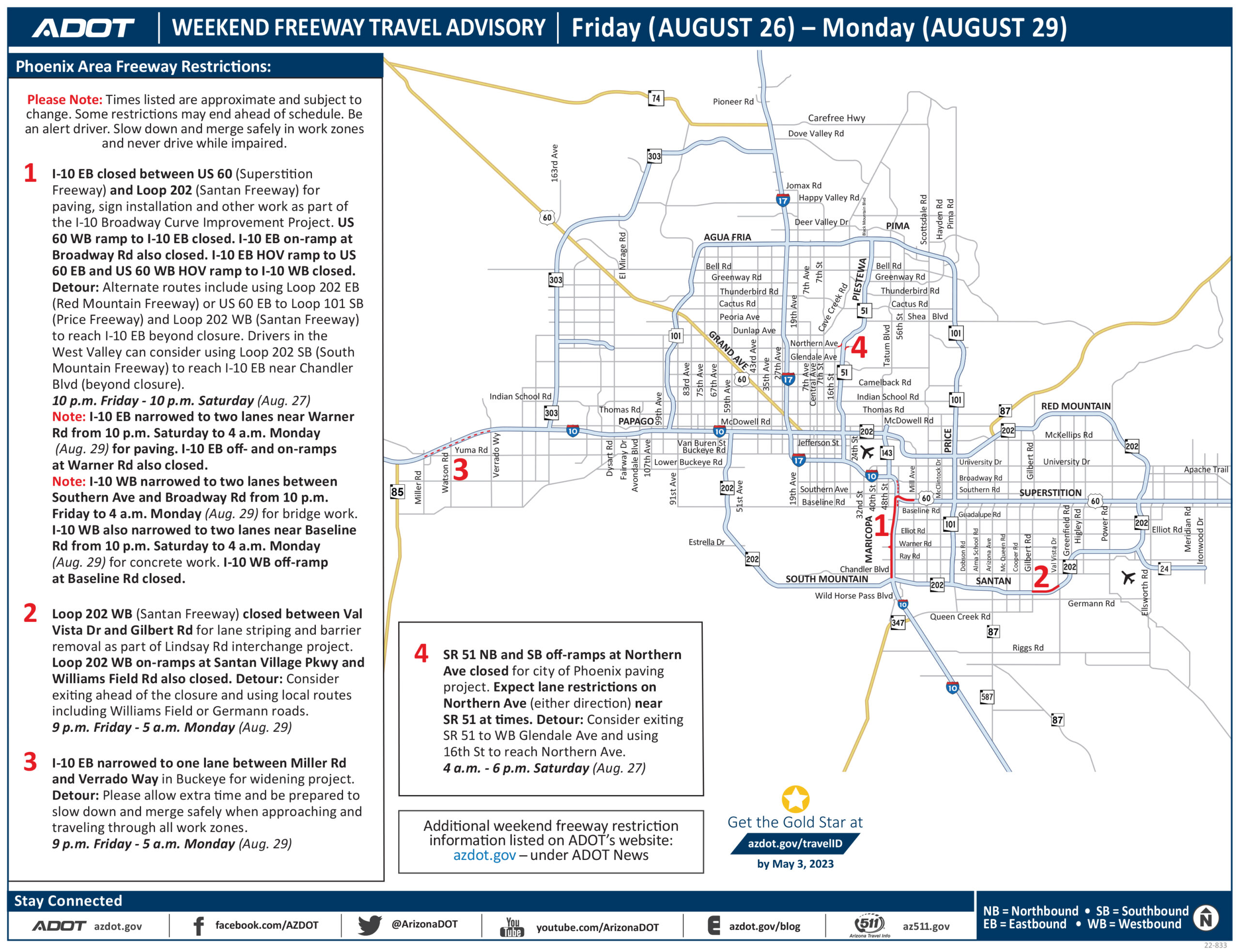 Phoenix-area freeway restrictions this weekend, Aug. 26–29