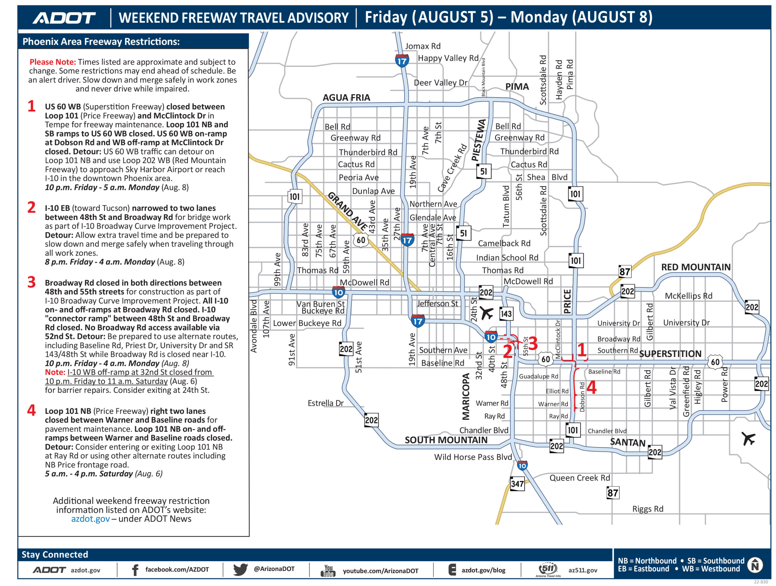 Phoenix-area freeway restrictions this weekend, Aug. 5–8