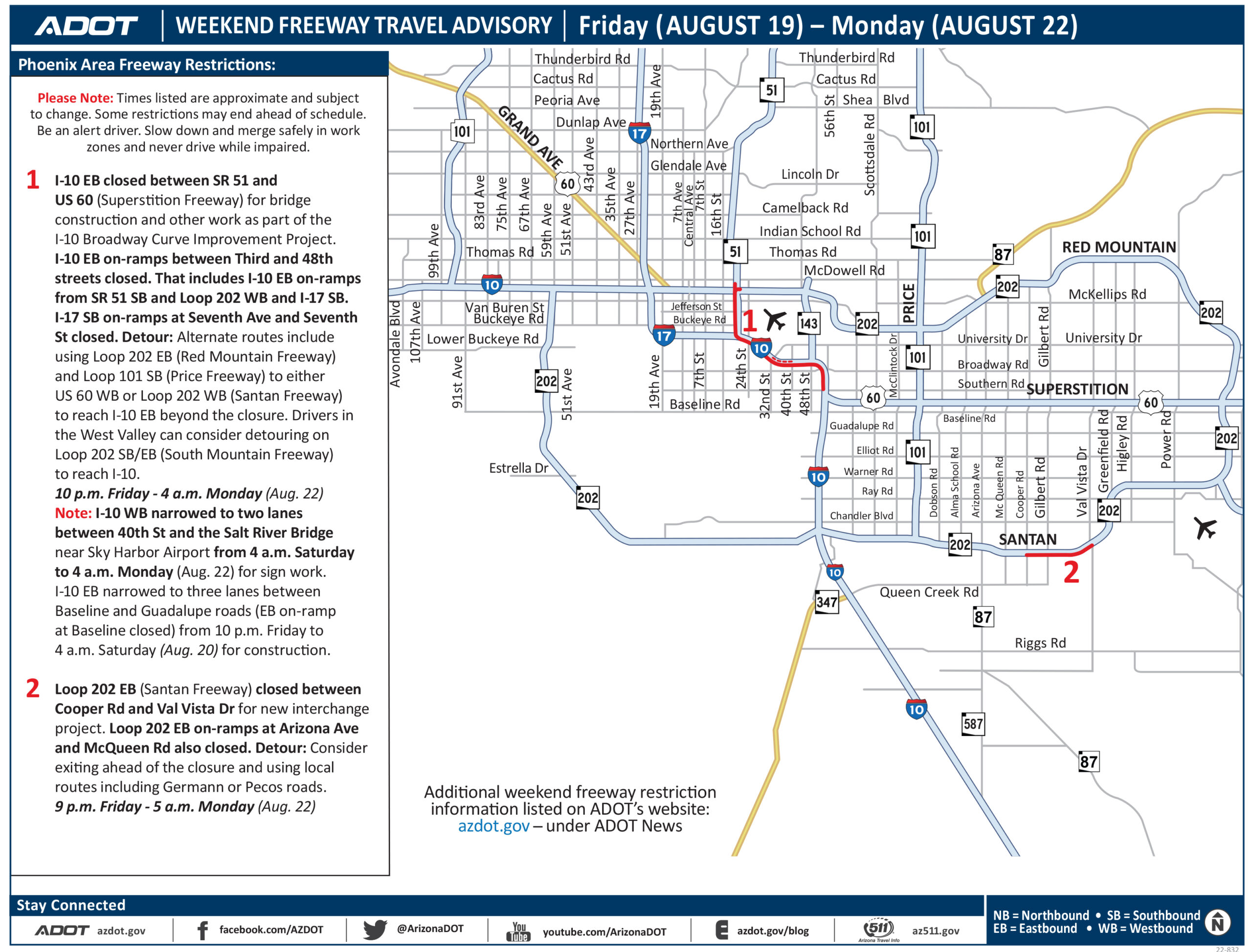 Weekend Phoenix-area freeway restrictions and closures, Aug. 19–22