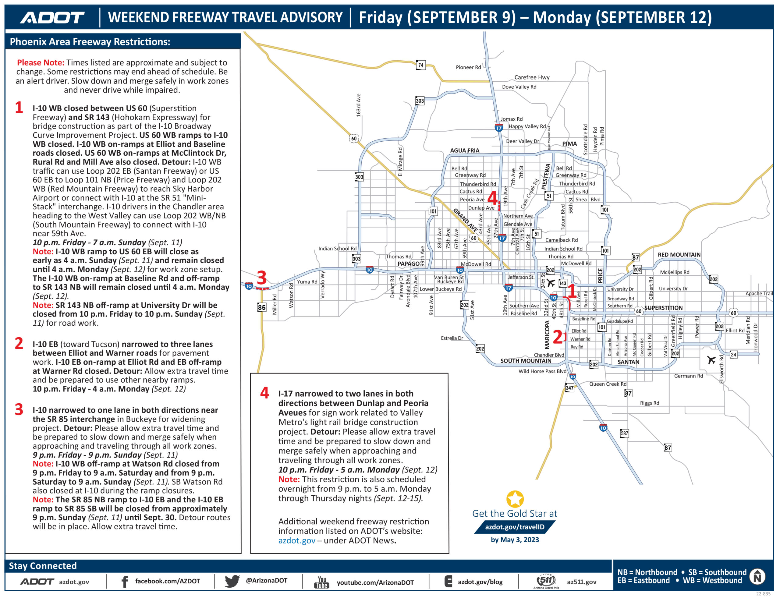 Weekend restrictions on Phoenix-area freeways, Sept. 9-12