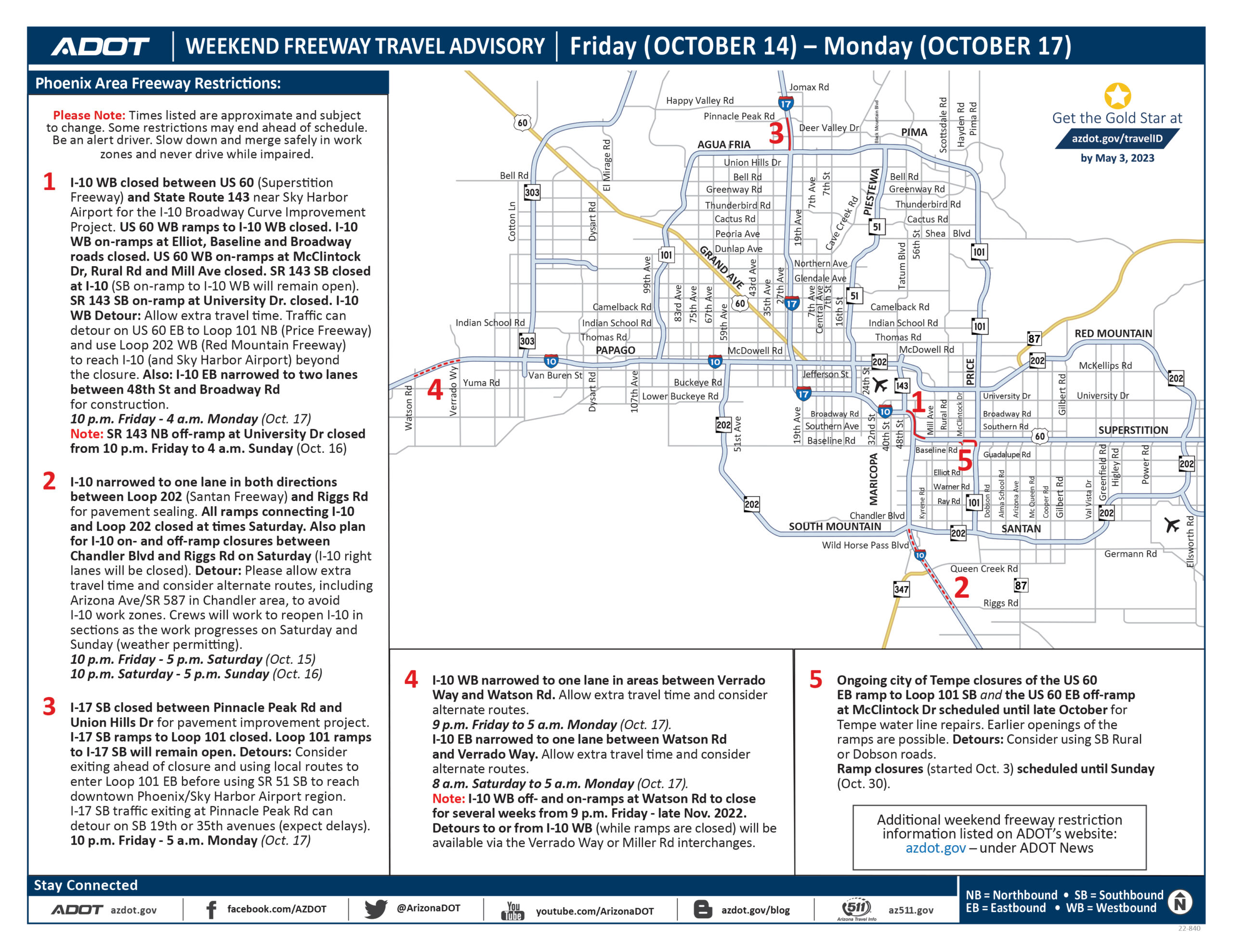 Phoenix-area freeway weekend travel restrictions, Oct. 14–17
