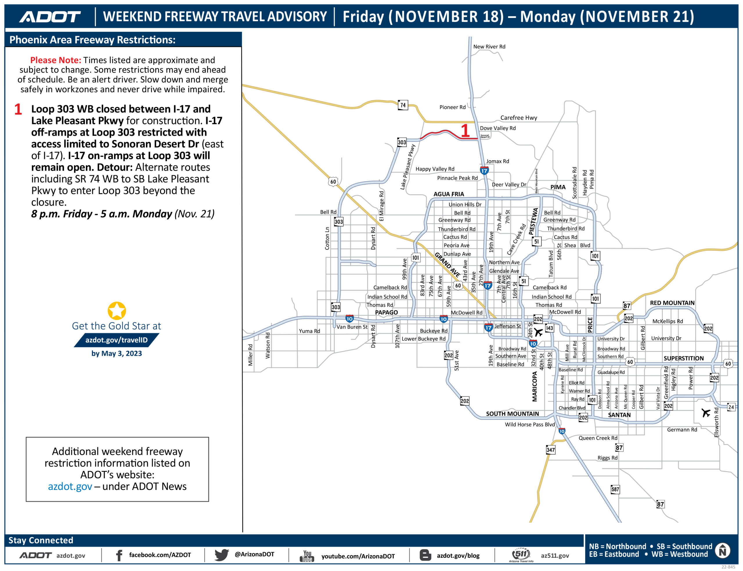 Planned Phoenix-area freeway closures this weekend, Nov 18–21