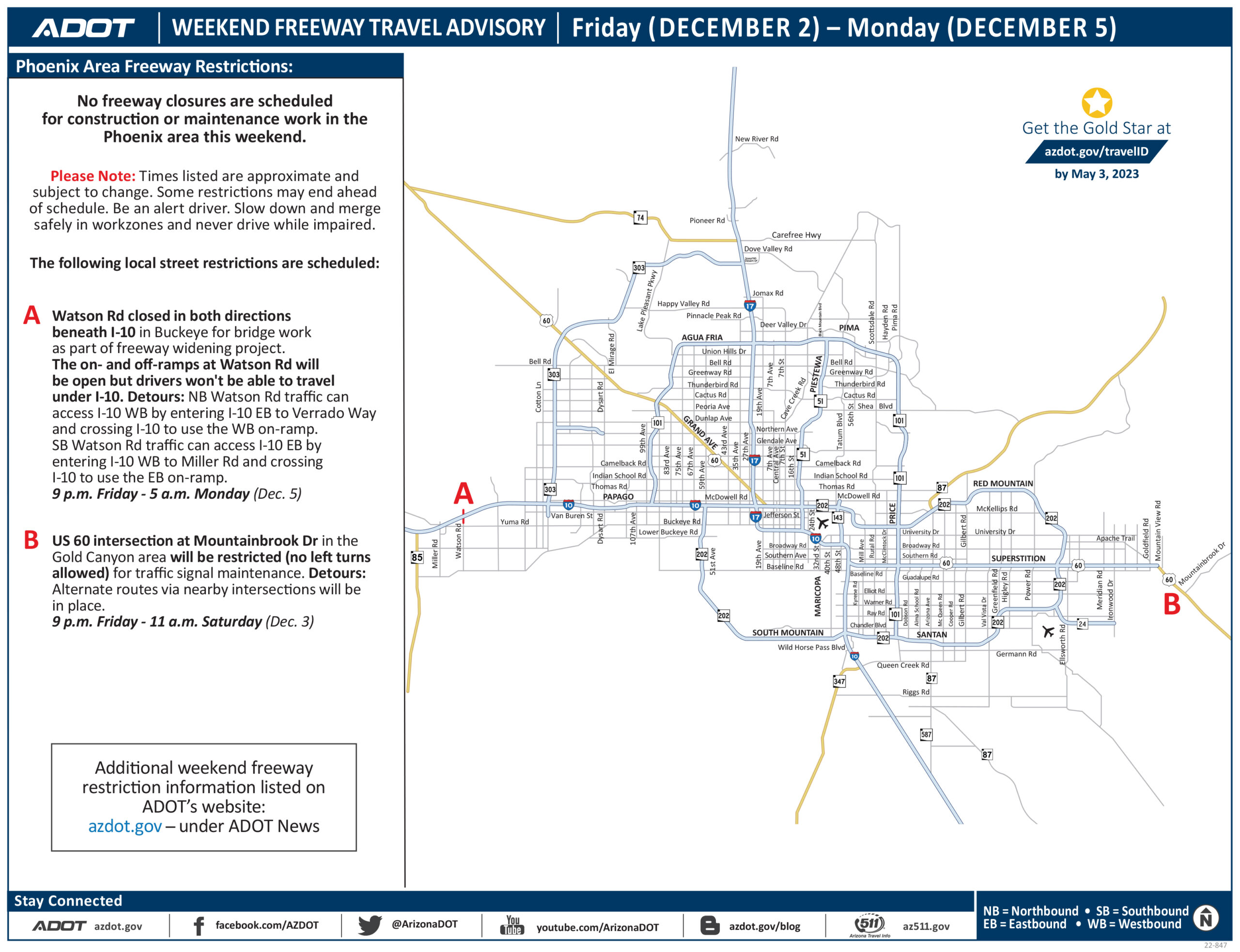 No Phoenix-area freeway closures scheduled this weekend, Dec. 2­–5