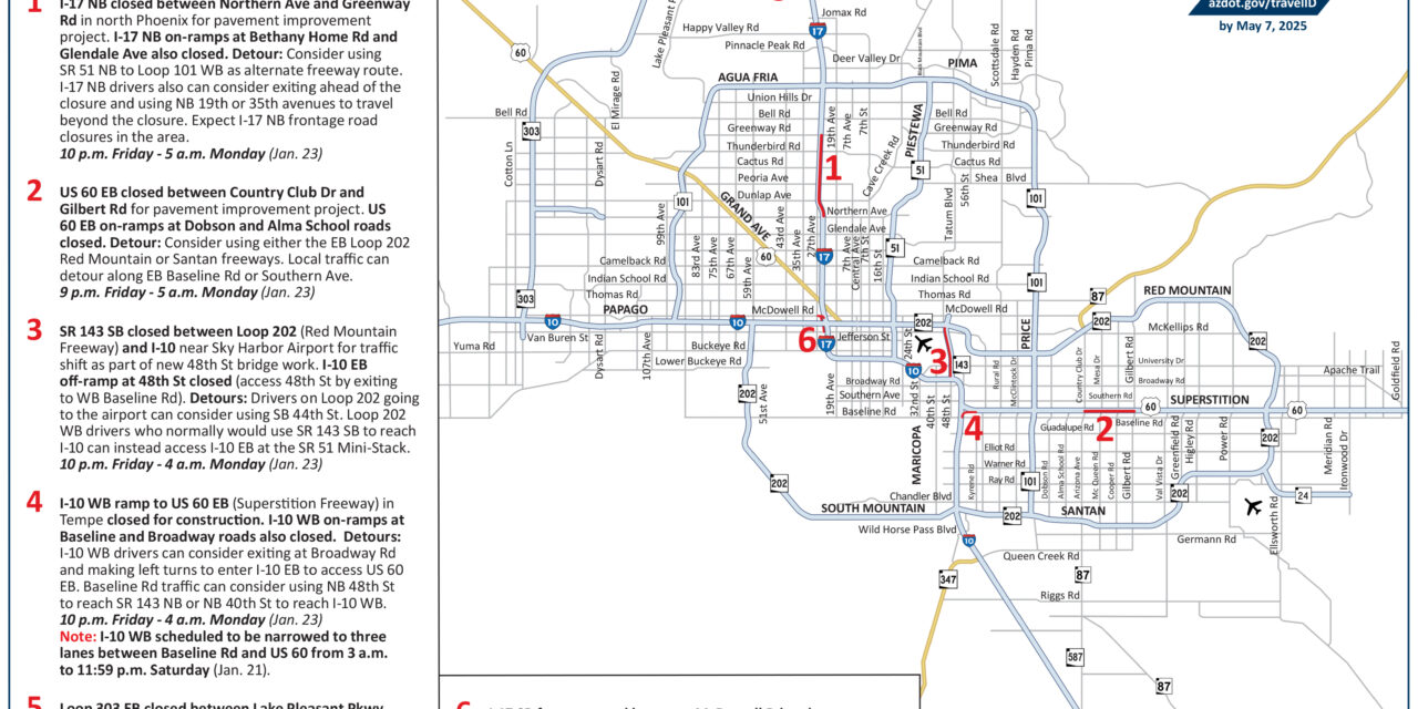 Weekend Phoenix area freeway closures, Jan. 20–23