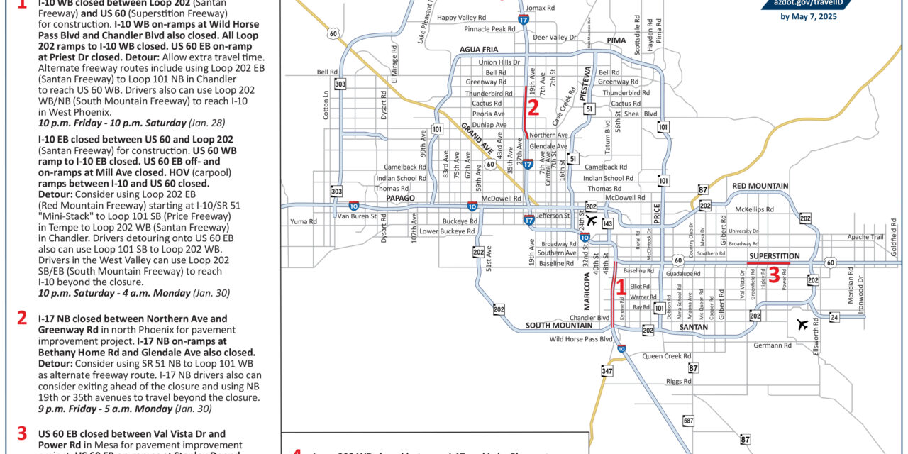 Multiple Phoenix-area freeway closures this weekend, Jan. 27–30