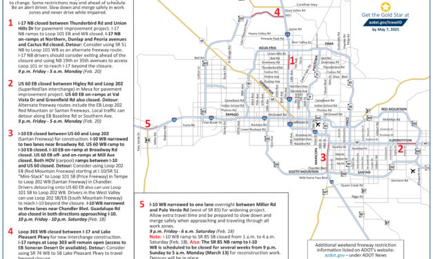 Prepare for closures along I-10, I-17, US 60, more, Feb. 17–20