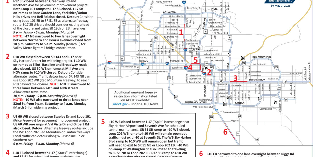 Freeway closures and restrictions include I-17, I-10 this weekend, March 3–6