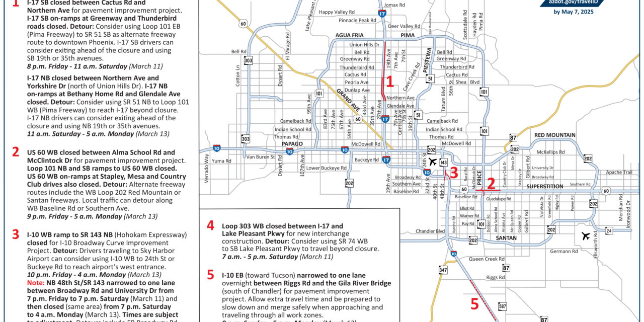 Freeway restrictions in the Phoenix area this weekend, March 10–13