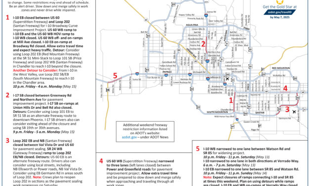 Planned freeway closures include sections of I-10, I-17 this weekend, May 12–15