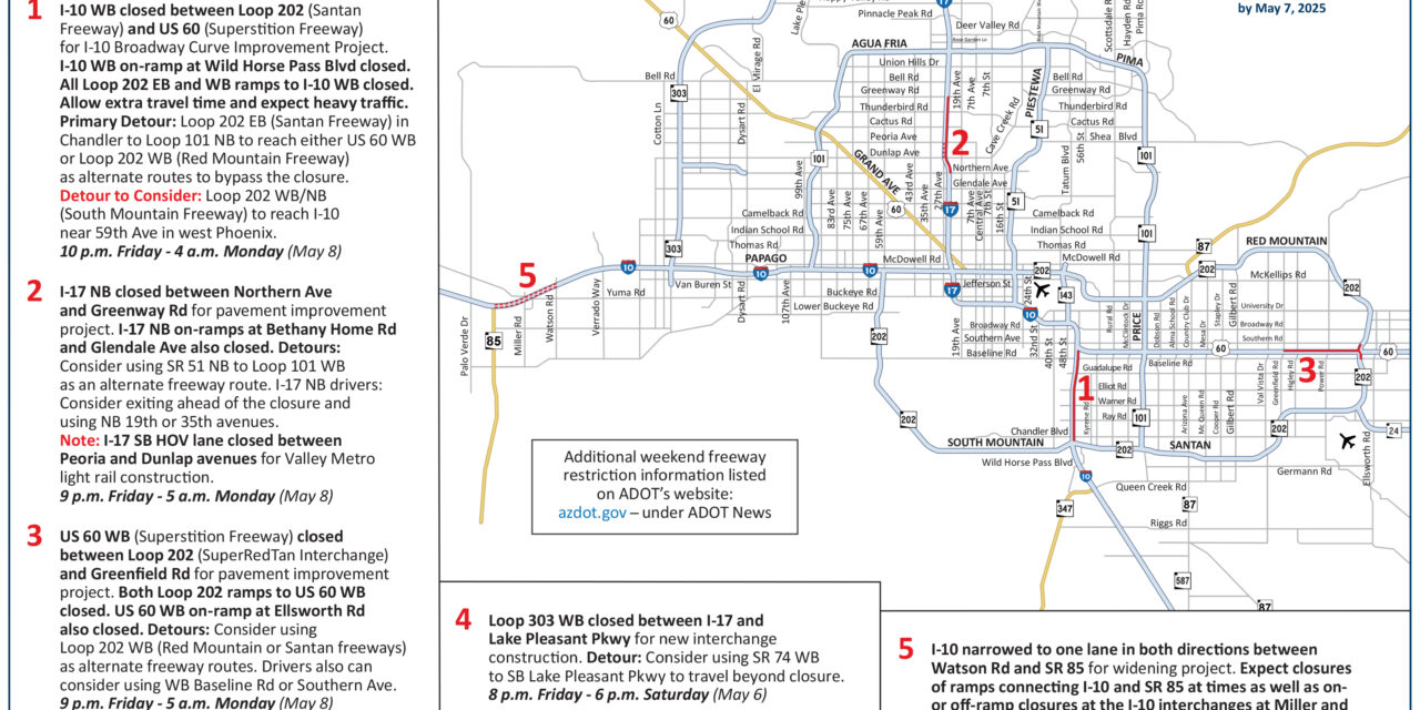 Multiple freeway restrictions in Phoenix area this weekend, May 5–8