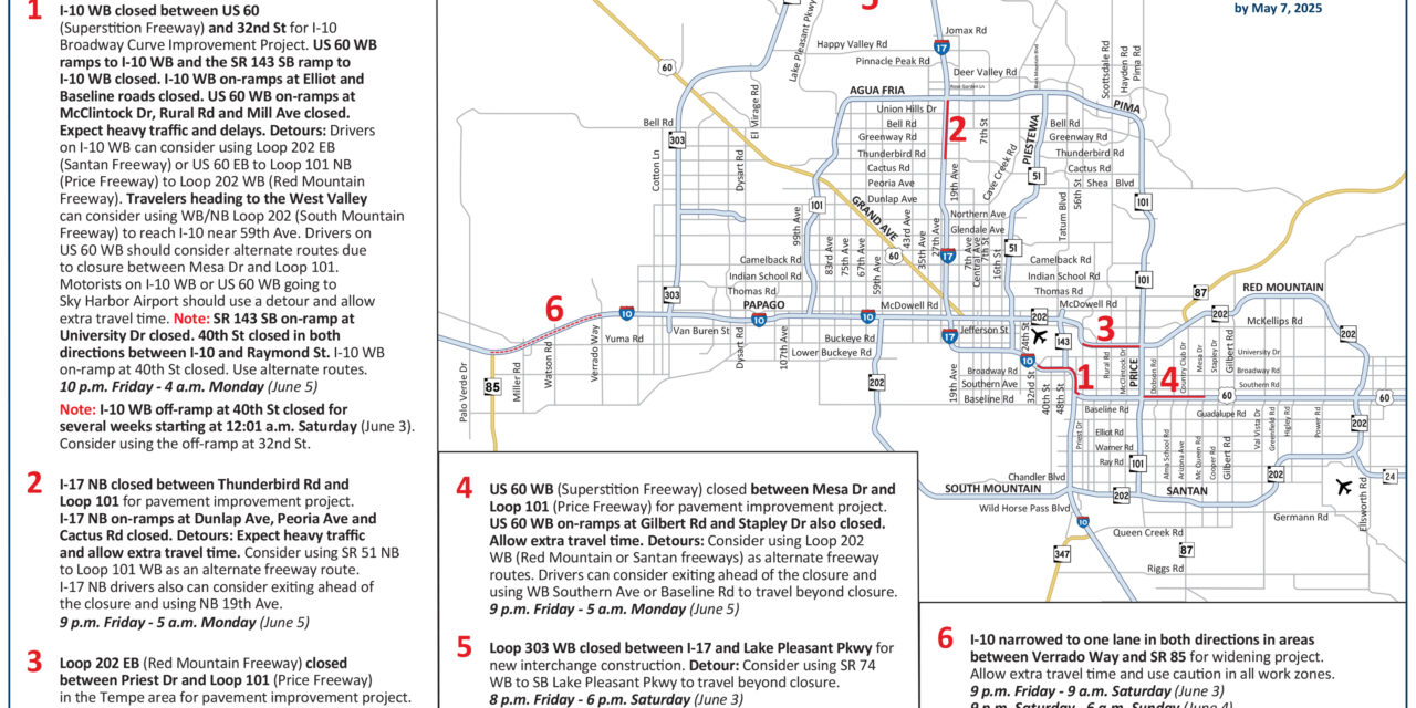 Closures on multiple Phoenix-area freeways this weekend, June 2–5