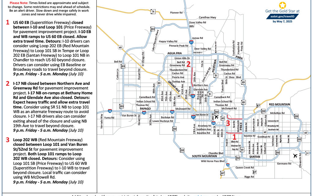 Sections of I-17, US 60 and Loop 202 closed this weekend, July 7–10
