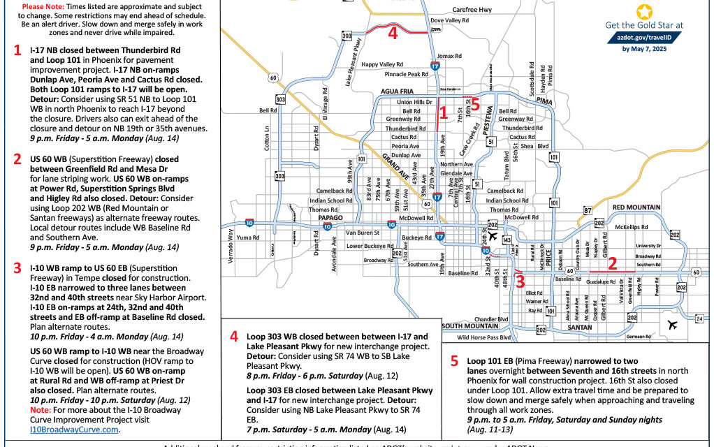 Planned Phoenix-area freeway closures this weekend, Aug. 11–14