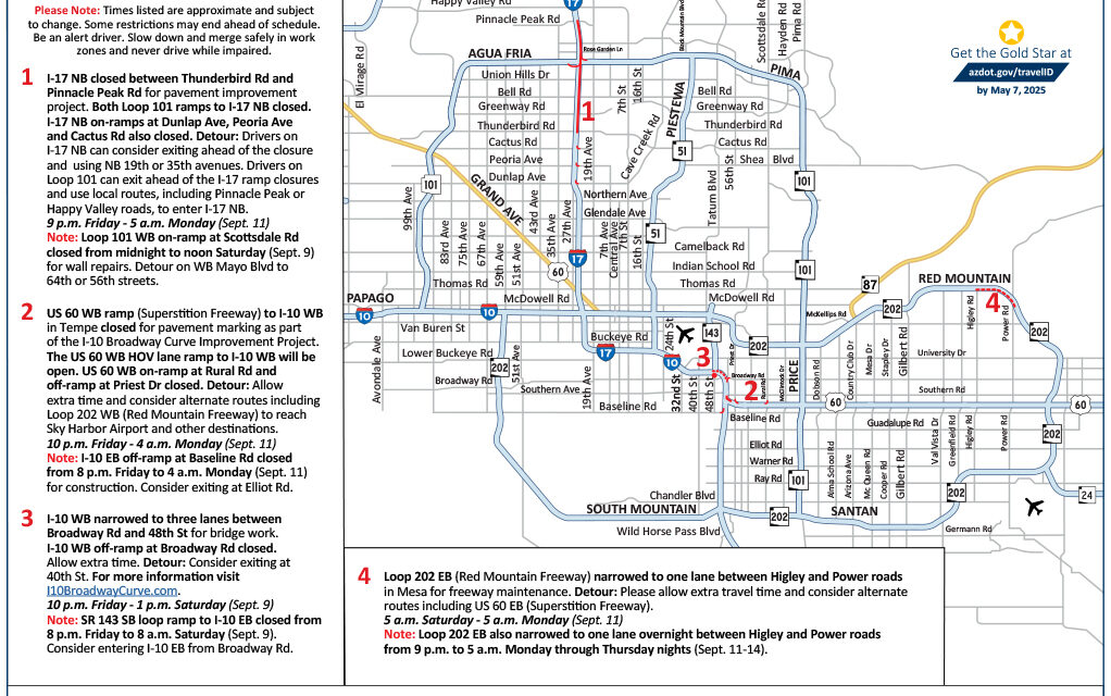 Plan ahead for Phoenix-area freeway closures this weekend, Sept. 8-11