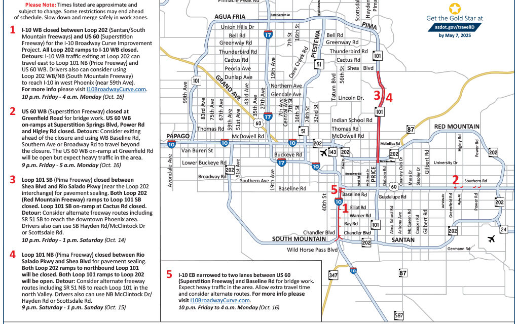 Plan for closures along three Phoenix-area freeways this weekend, Oct. 13-16