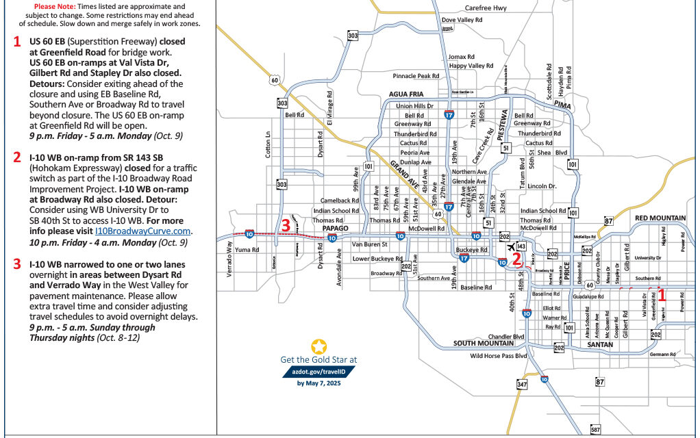 One freeway closure scheduled this weekend, Oct. 6–9
