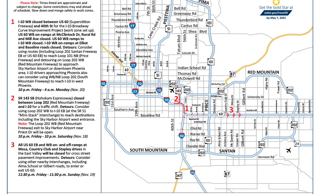 Phoenix-area freeway closures this weekend, Nov. 17-20