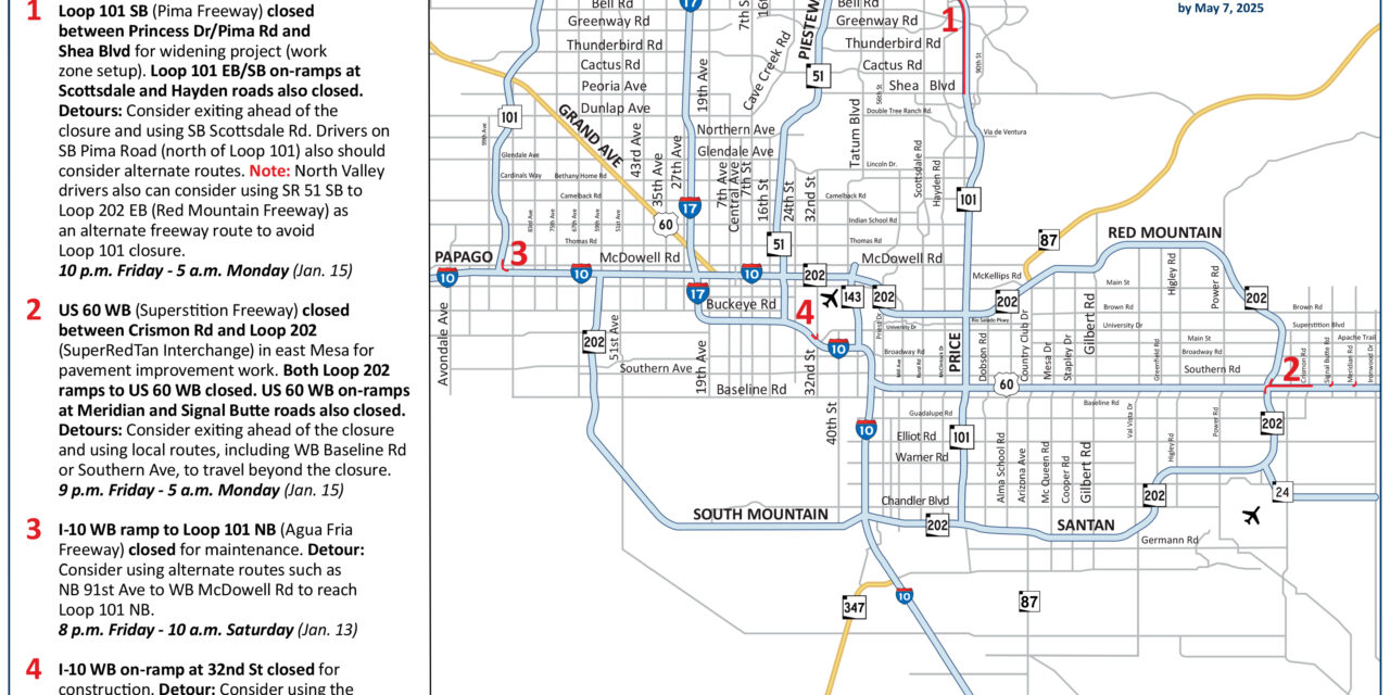 Plan for closures on Loop 101 and US 60 this weekend, Jan. 12-15