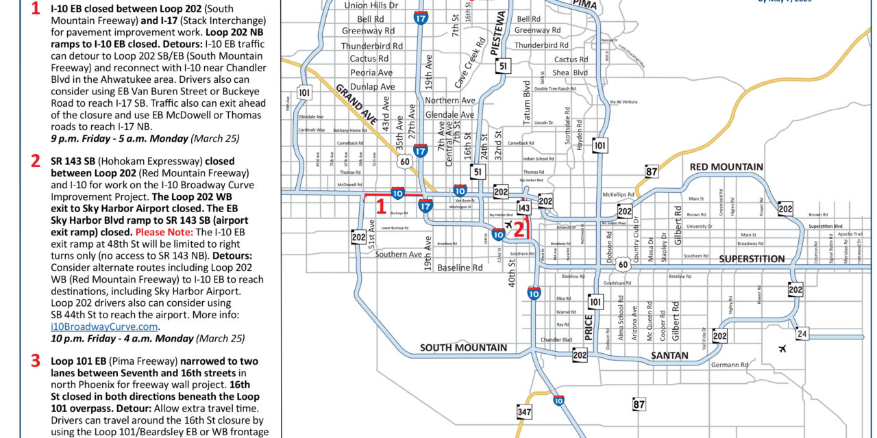 Closures planned for I-10, SR 143 in Phoenix this weekend, March 22-25