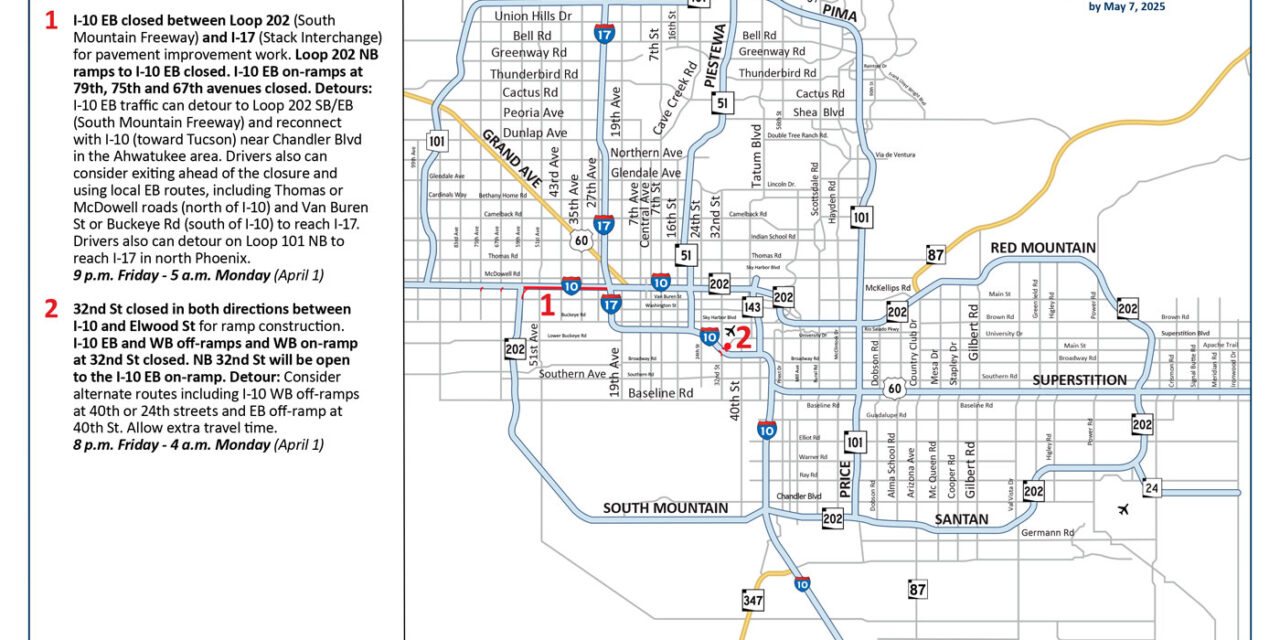I-10 East closed in west Phoenix, other restrictions this weekend, March 29-April 1