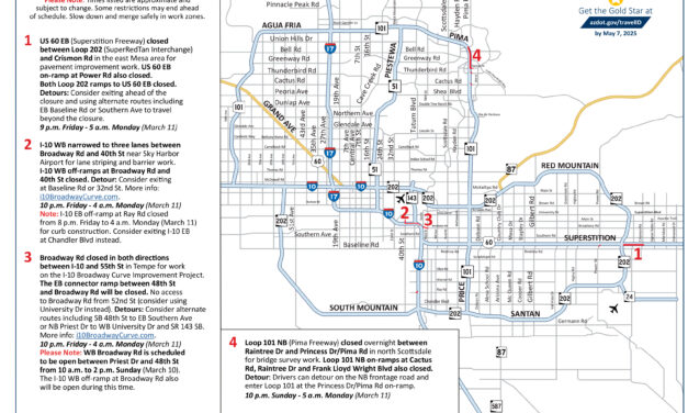 Phoenix area freeway closures and restrictions this weekend, March 8-11